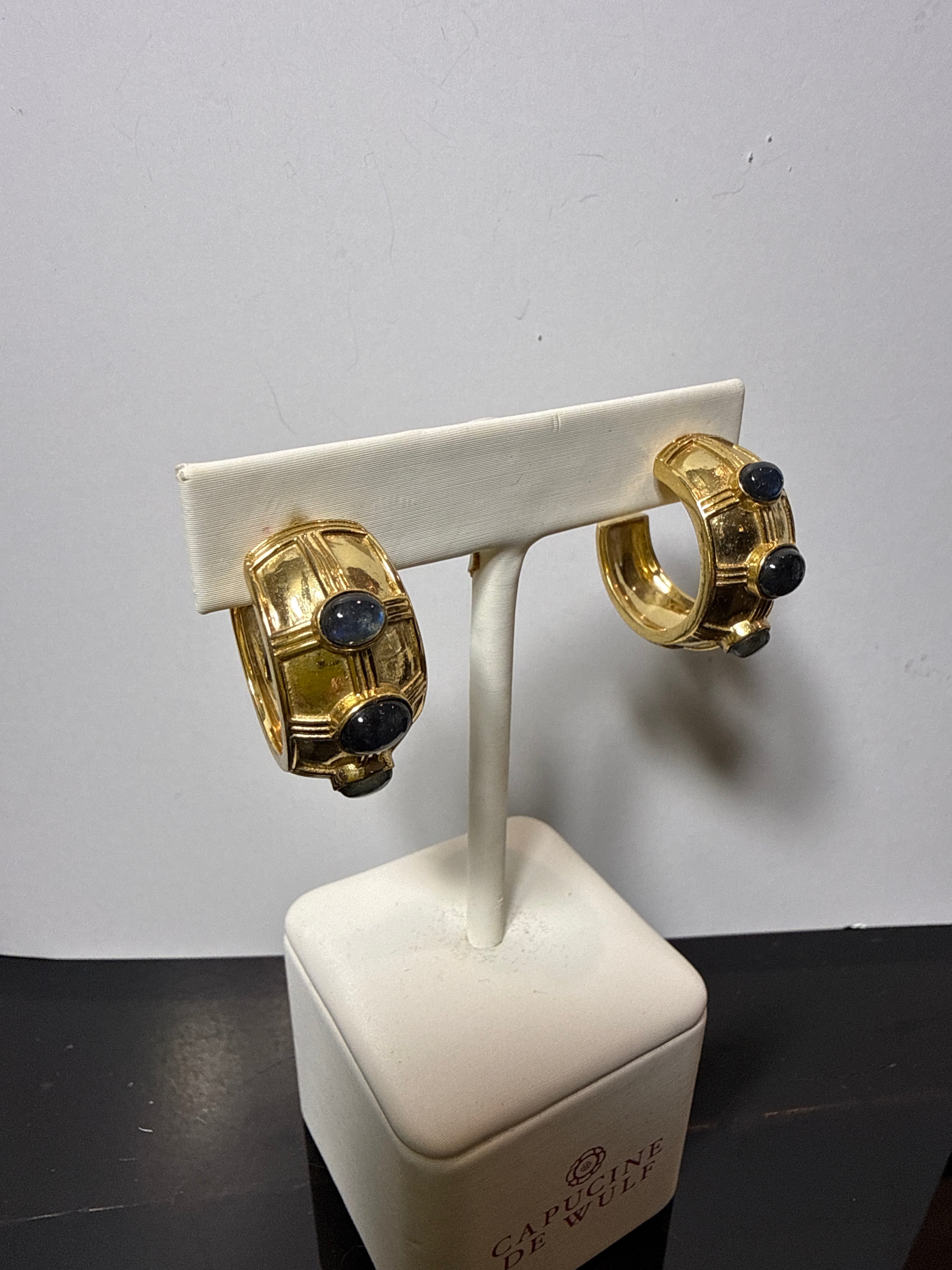 Gold and Lapis Blue statement earrings.