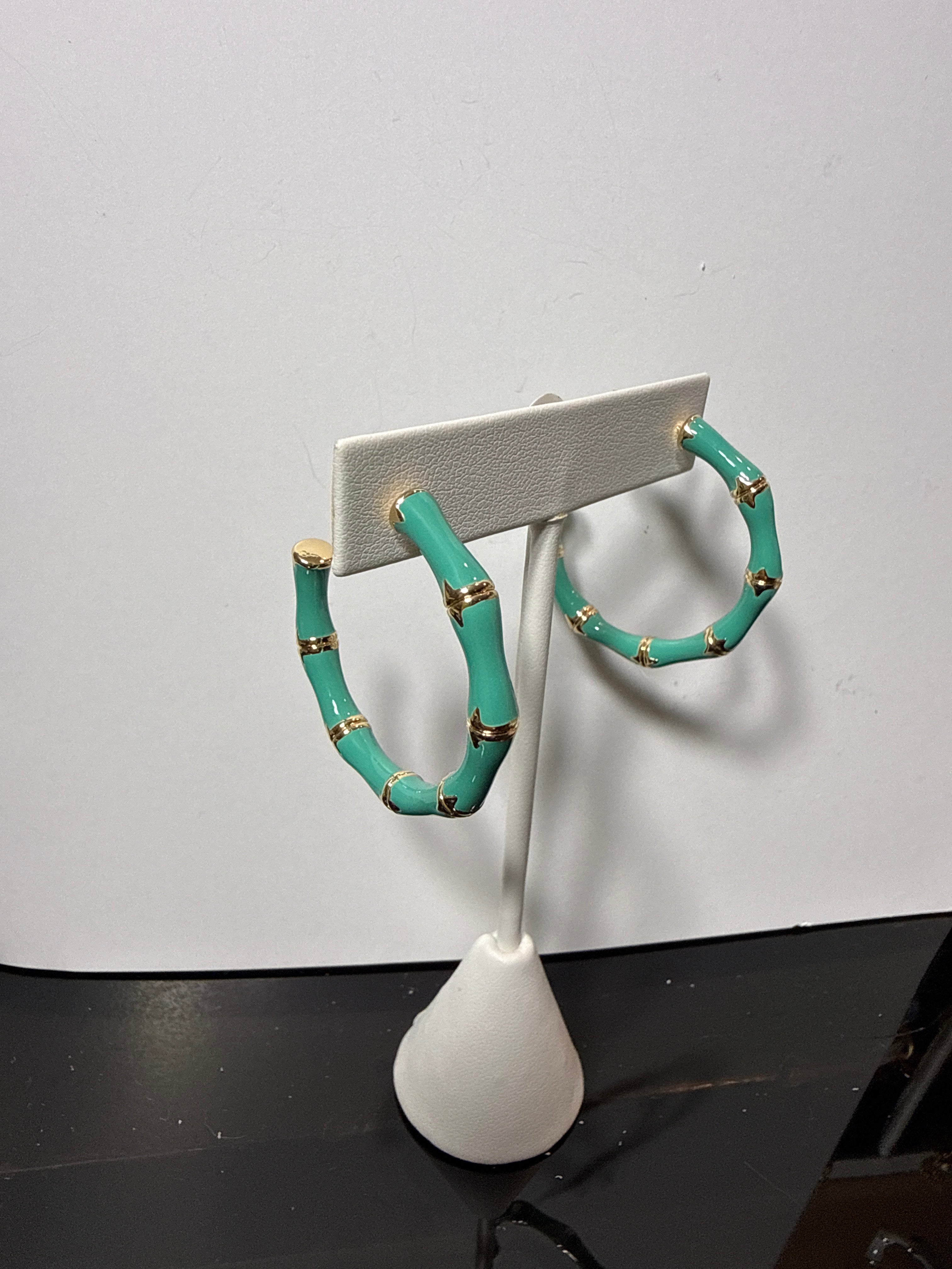 turquoise and gold bamboo hoops