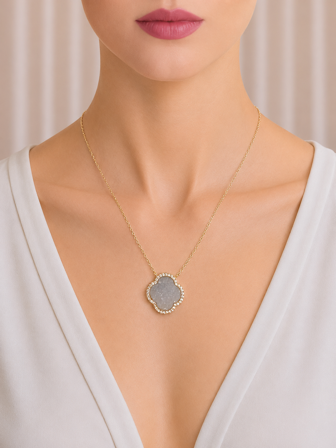 White Druzy Clover Pendant Necklace