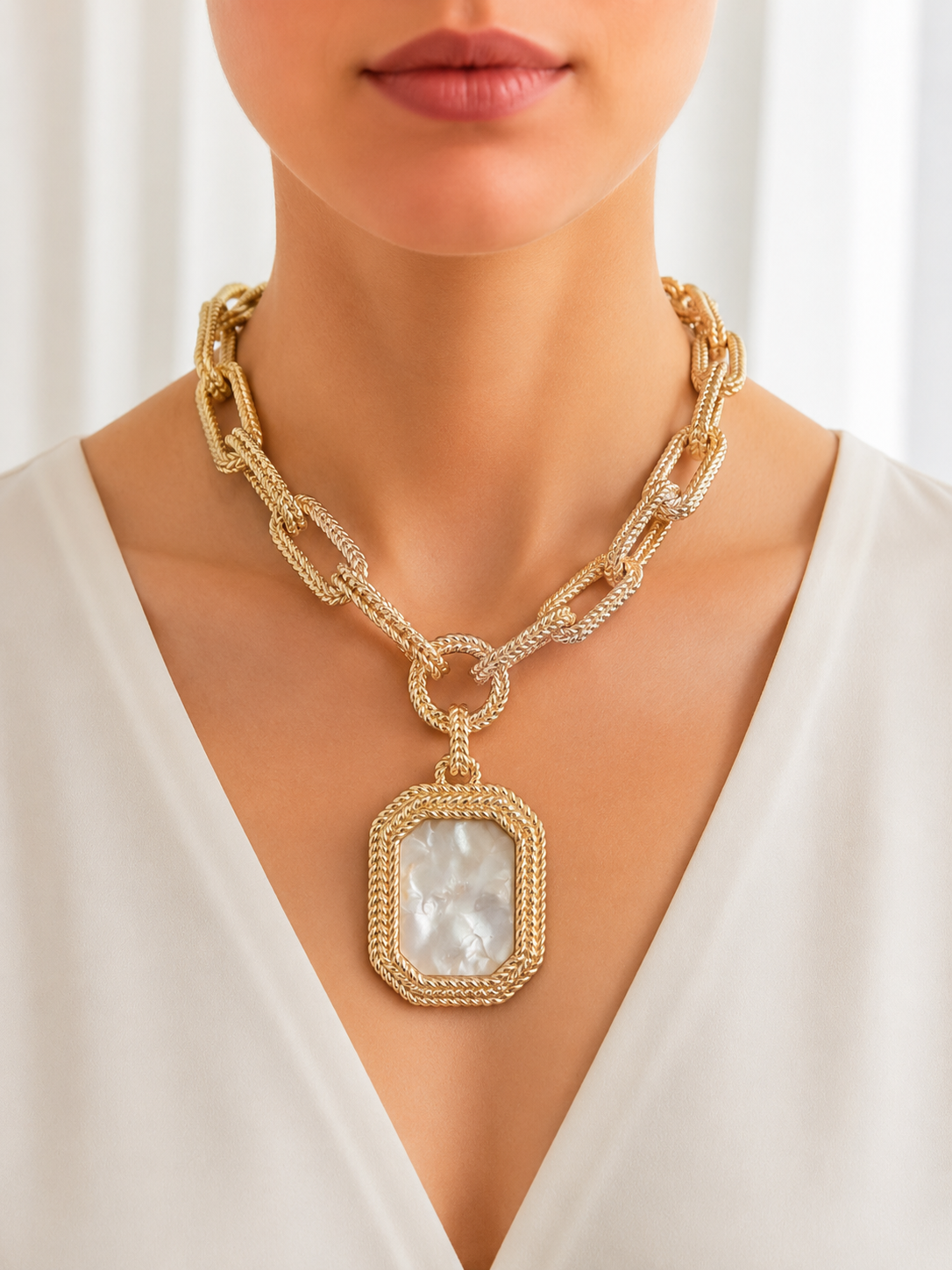 Gold Mother-of-Pearl Statement Pendant Necklace