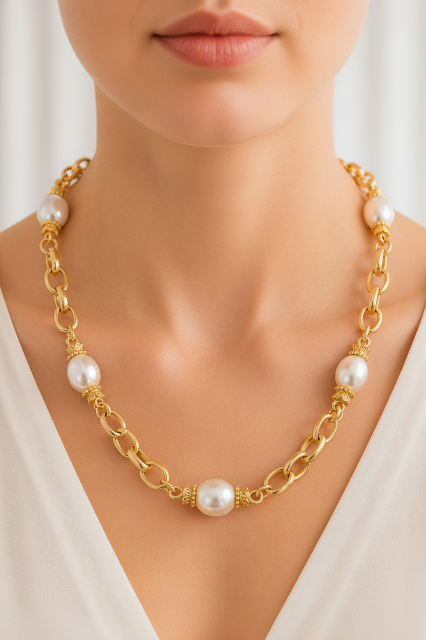 Pearl & Gold Link Statement Necklace