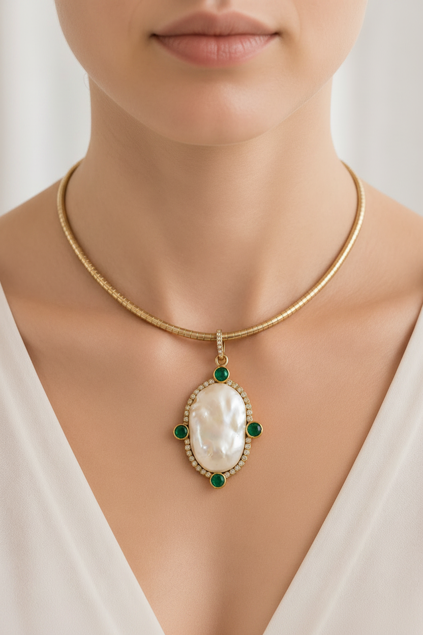 Baroque Pearl & Emerald Accent Pendant Necklace