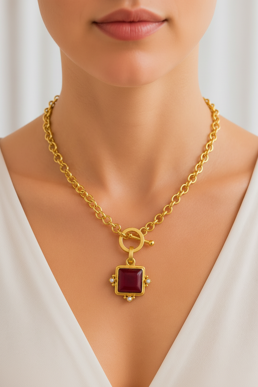 Ruby Red Pendant Toggle Necklace