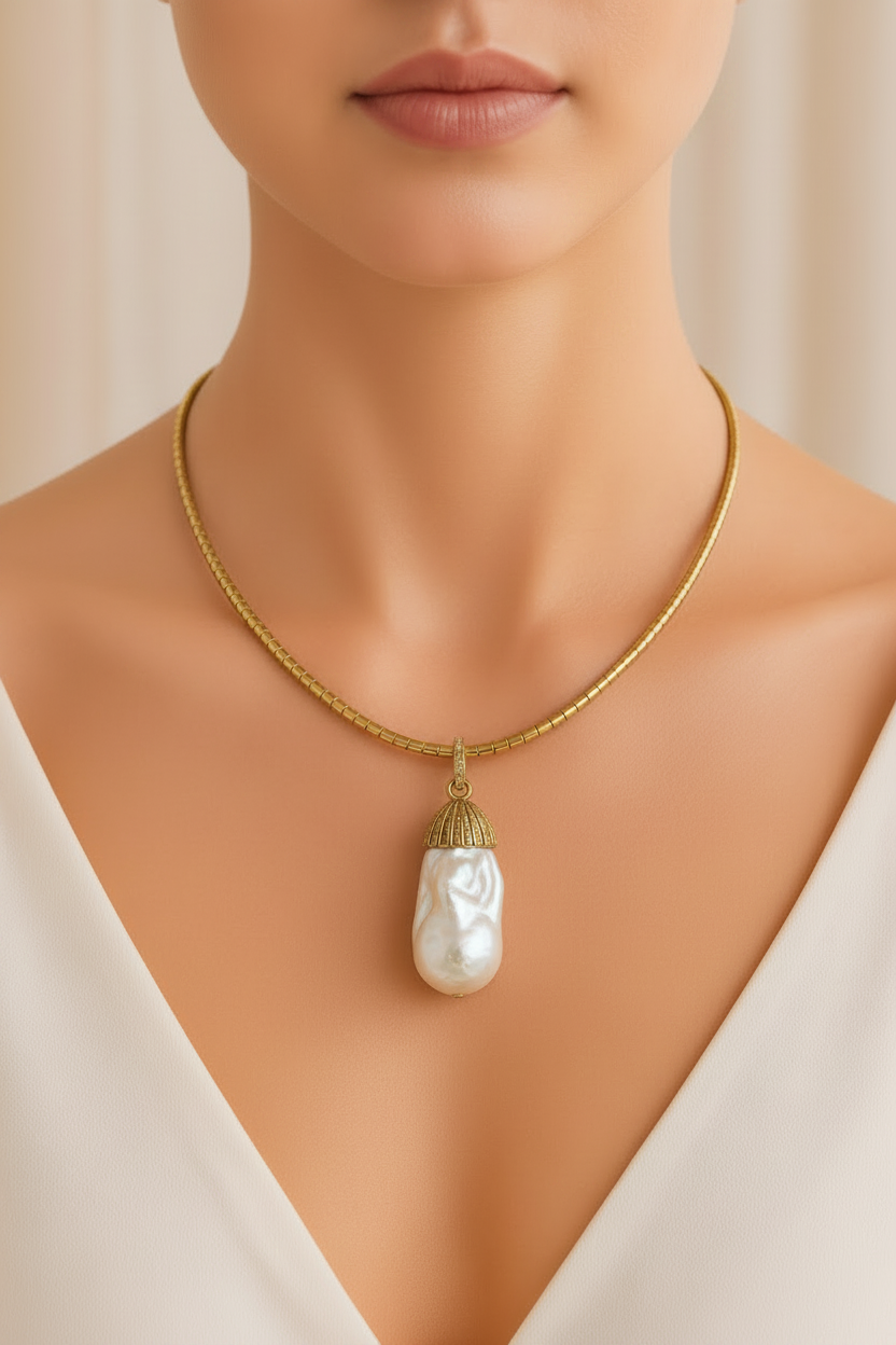 Gold Baroque Pearl Pendant Necklace