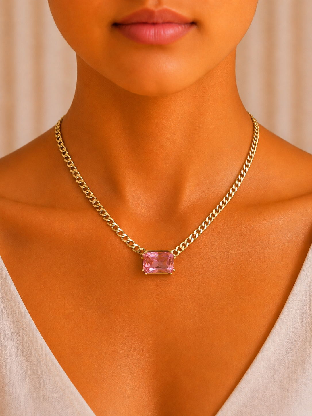 Pink Emerald-Cut Crystal Gemstone Necklace