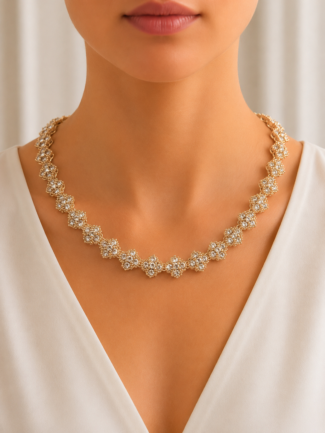 Gold CZ 24K Floral Link Necklace
