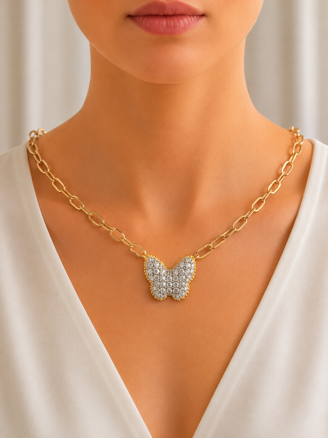 Gold Butterfly With Pavé Stones Necklace
