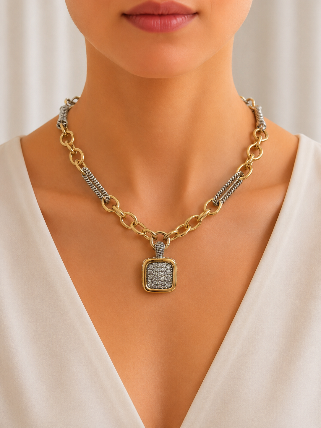 Two-Tone Stone Pavé Pendant Necklace