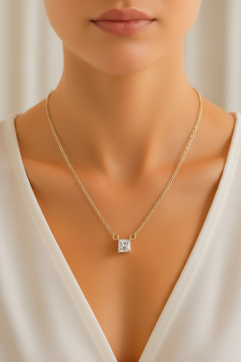 Gold Solitaire Princess Cut Stone Necklace