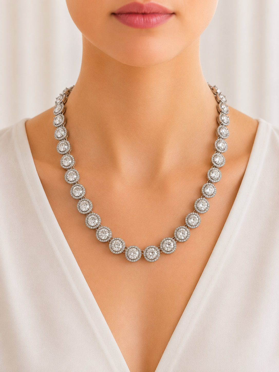 White Gold Plate Halo Tennis Necklace