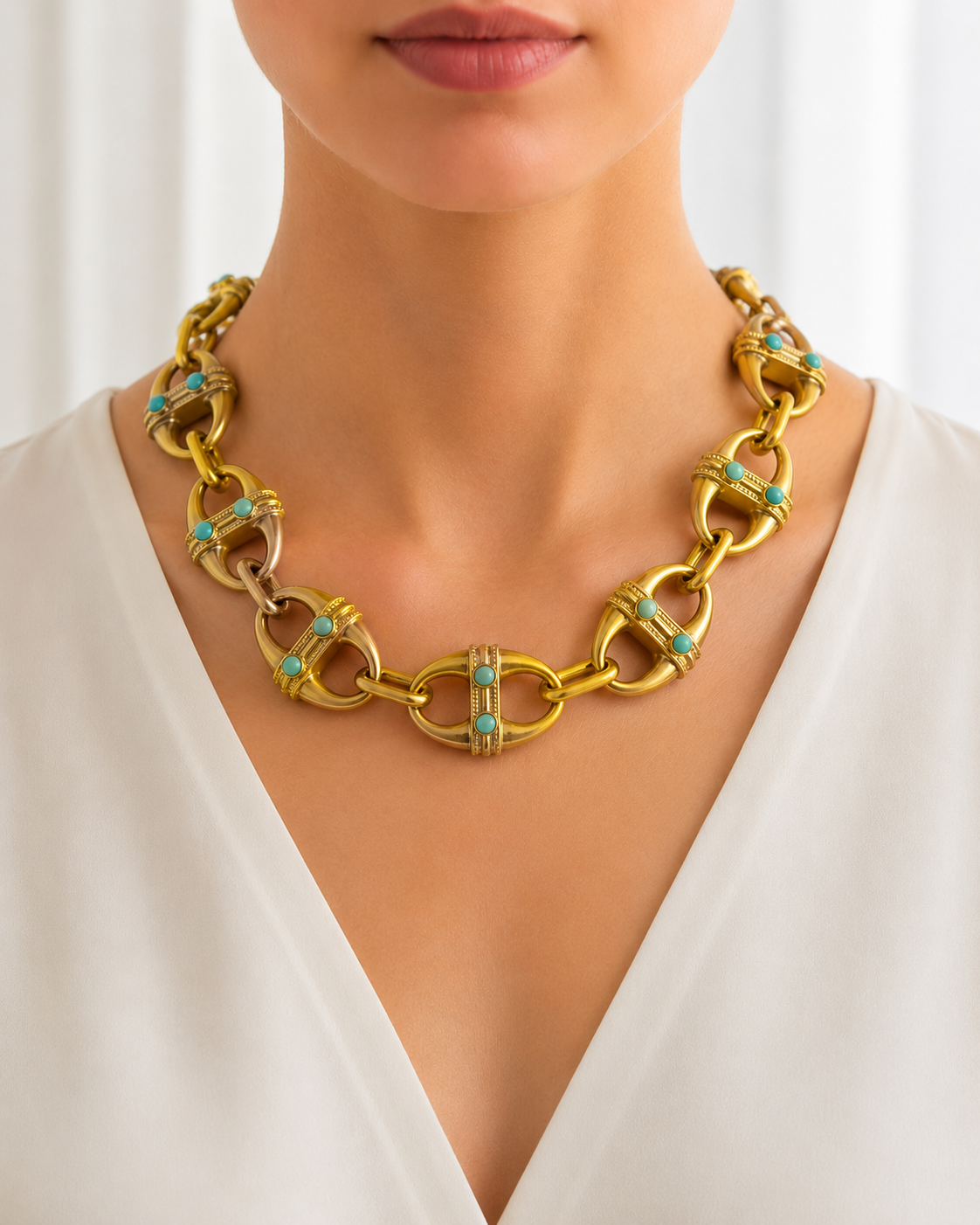 Turquoise Cabochon Statement Link Necklace