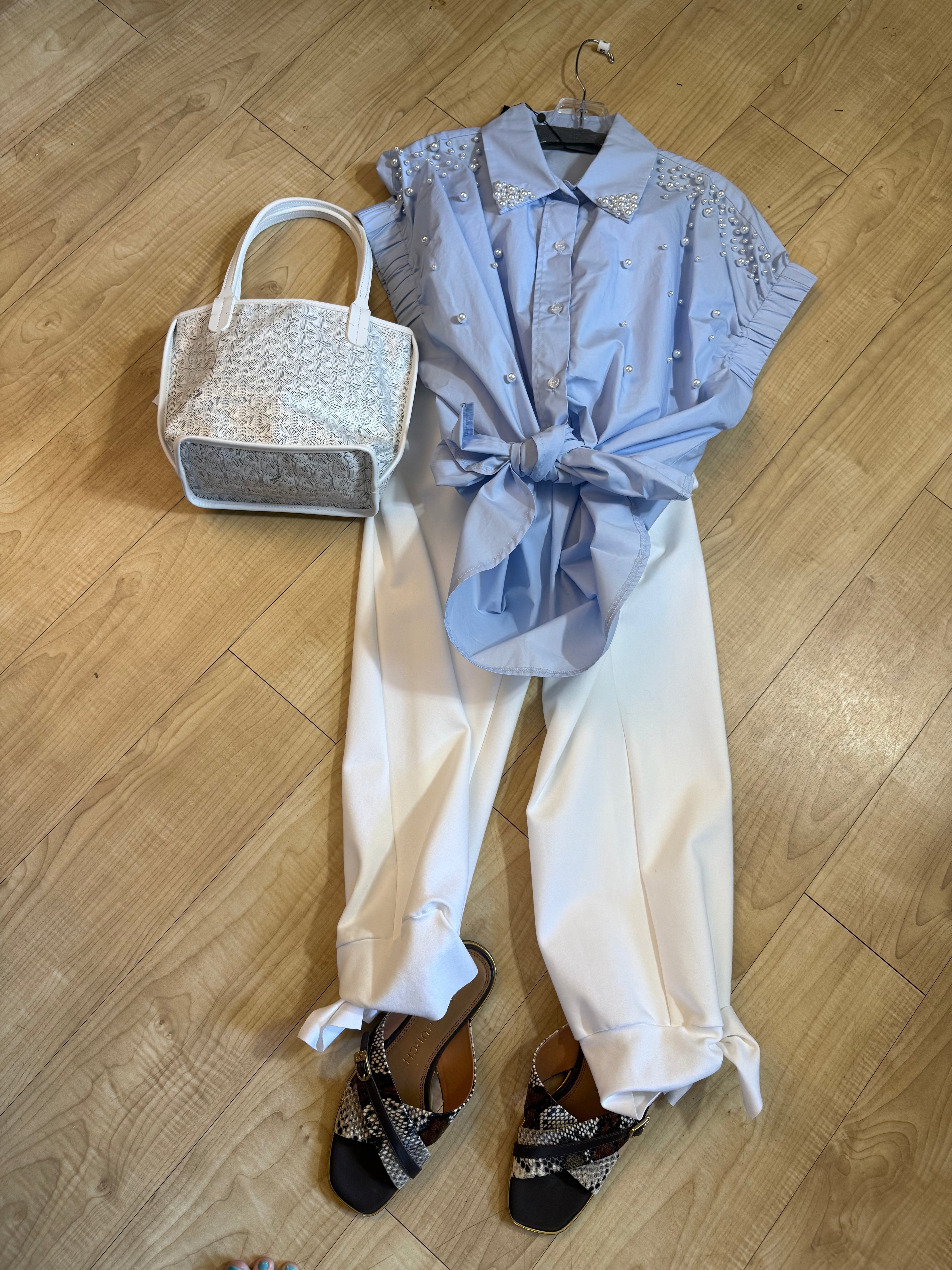 short sleeve, pearl and crusted baby blue blouse