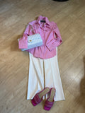 pink and white long sleeve striped blouse