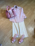 baby pink and white striped long sleeve blouse