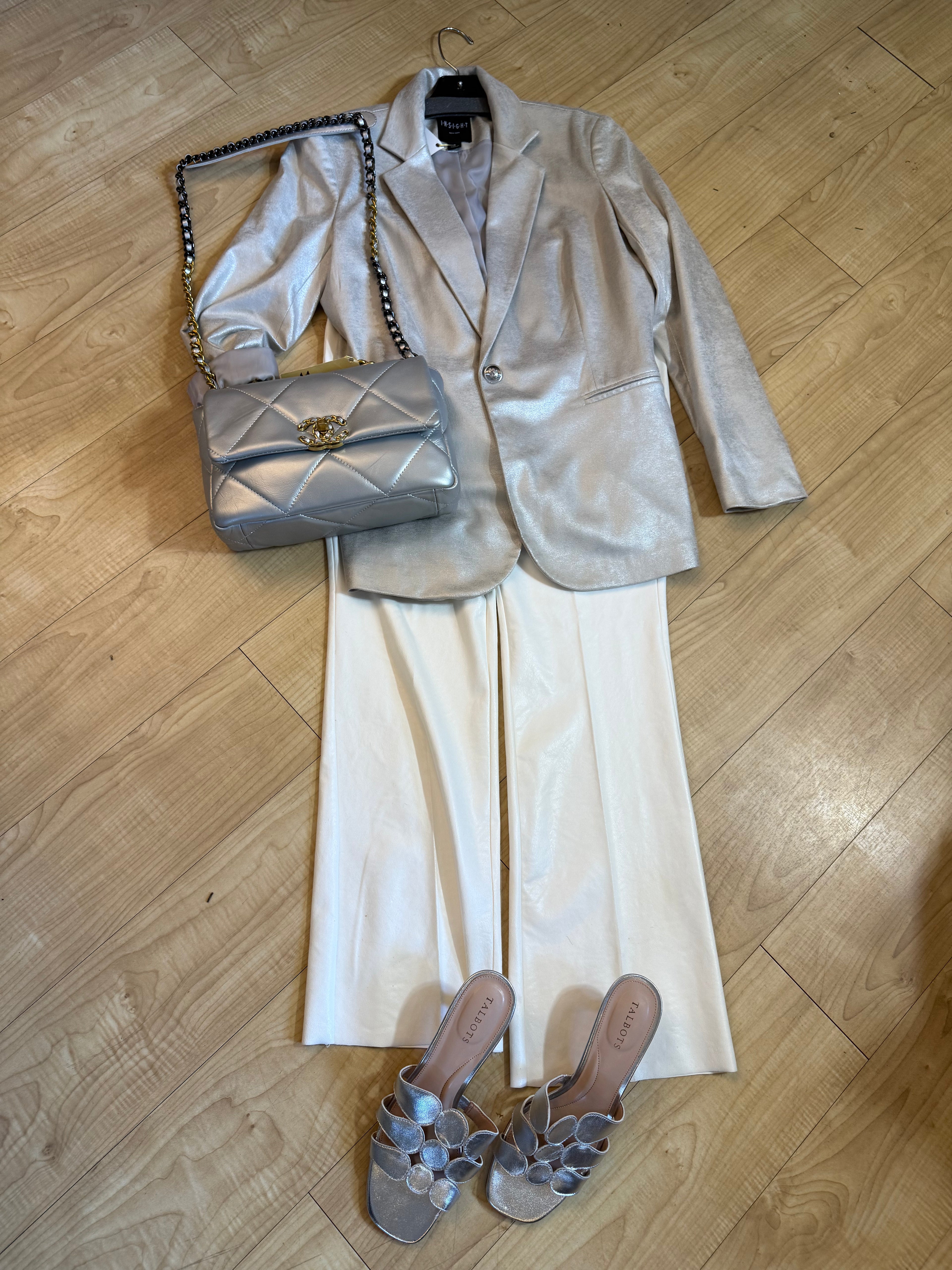 light silver vegan leather, classic blazer