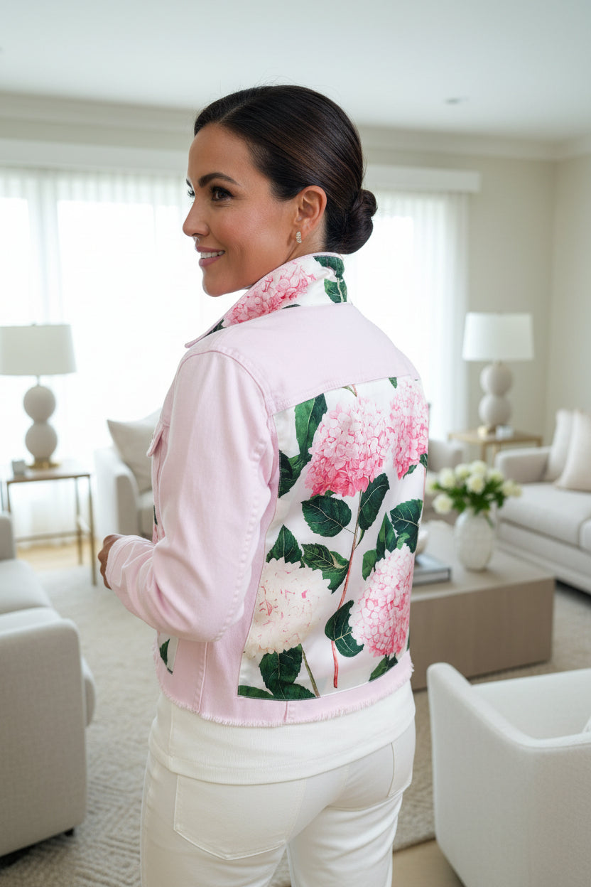 Pink Denim Jacket With Peonies Floral Design