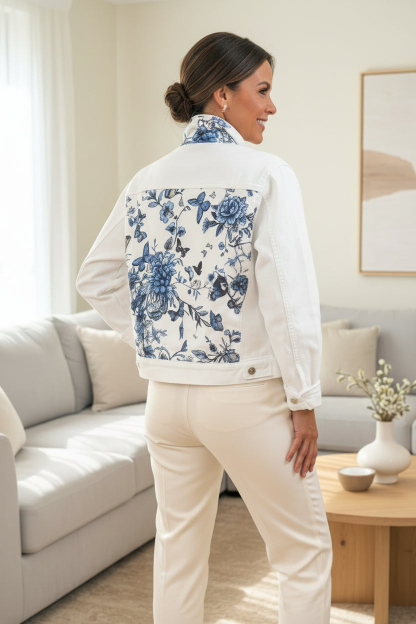 White & Blue Butterfly Denim Jacket